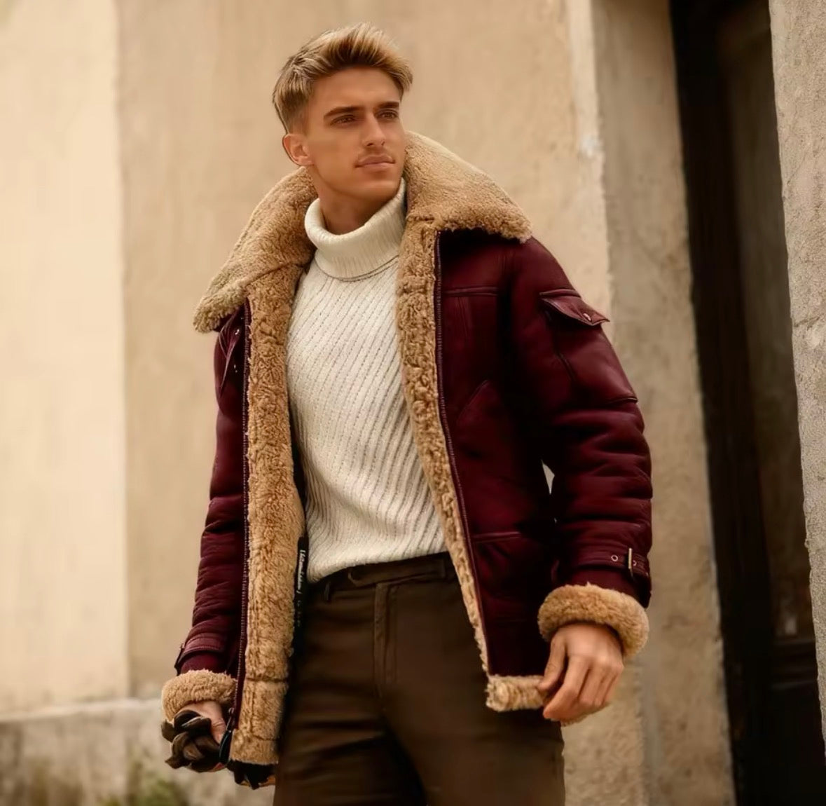Men's Pilot Jacket Men Fleece Coats Plus Size Winter Faux Fur Lapel Collar Leather Bomber Jacket Warm