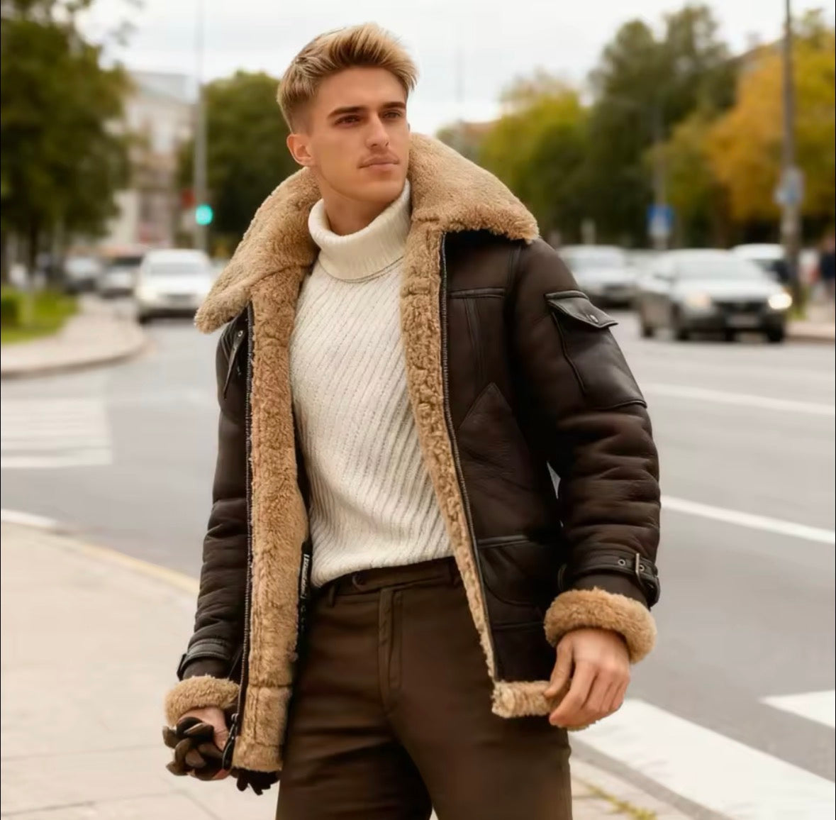 Men's Pilot Jacket Men Fleece Coats Plus Size Winter Faux Fur Lapel Collar Leather Bomber Jacket Warm