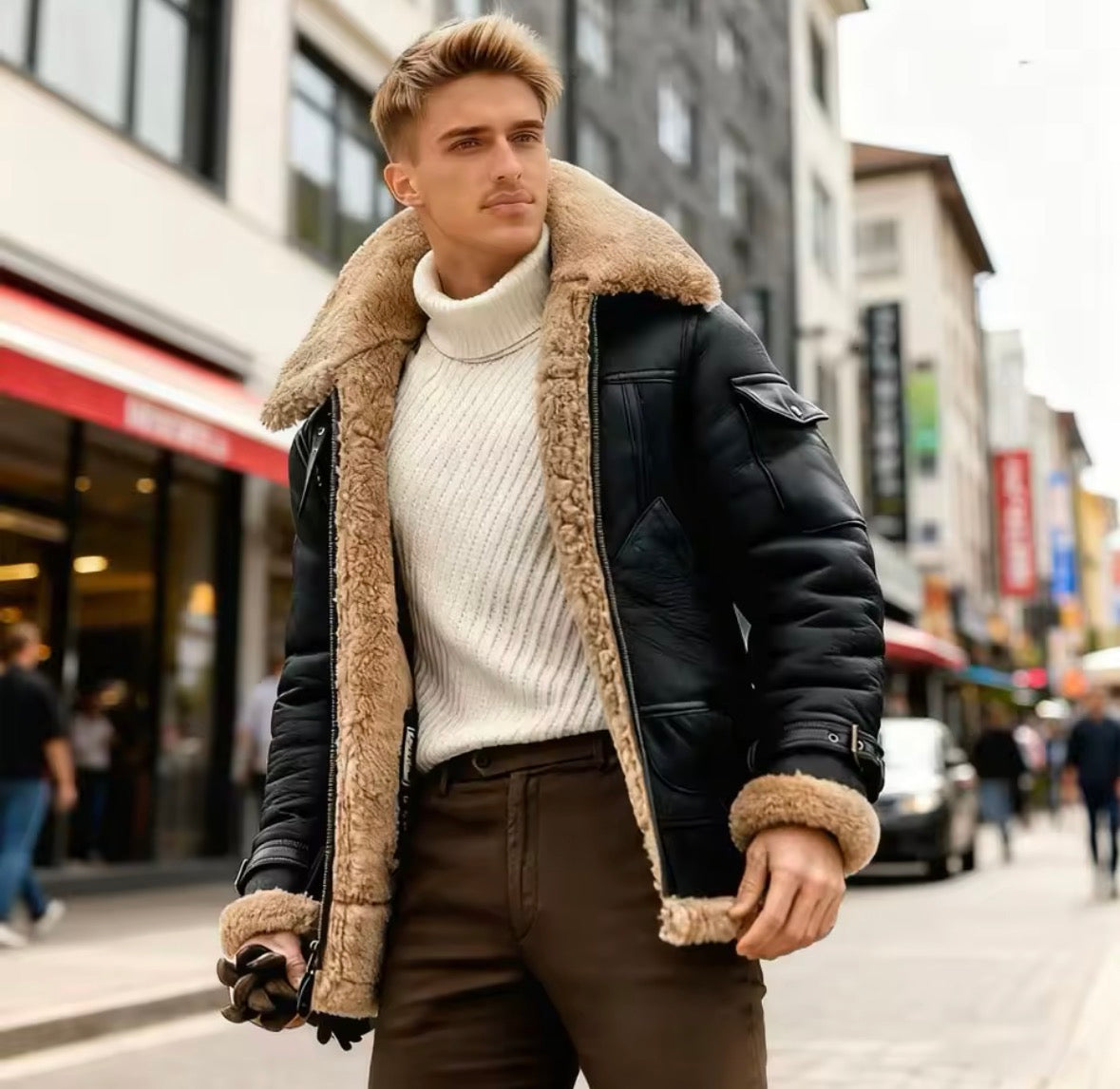 Men's Pilot Jacket Men Fleece Coats Plus Size Winter Faux Fur Lapel Collar Leather Bomber Jacket Warm