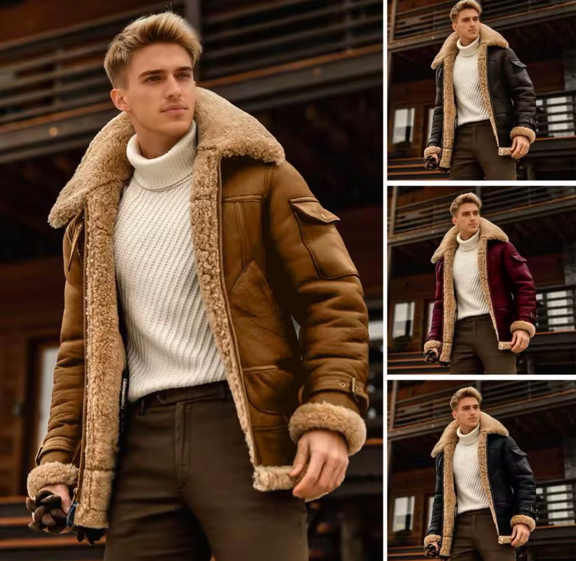 Men's Pilot Jacket Men Fleece Coats Plus Size Winter Faux Fur Lapel Collar Leather Bomber Jacket Warm