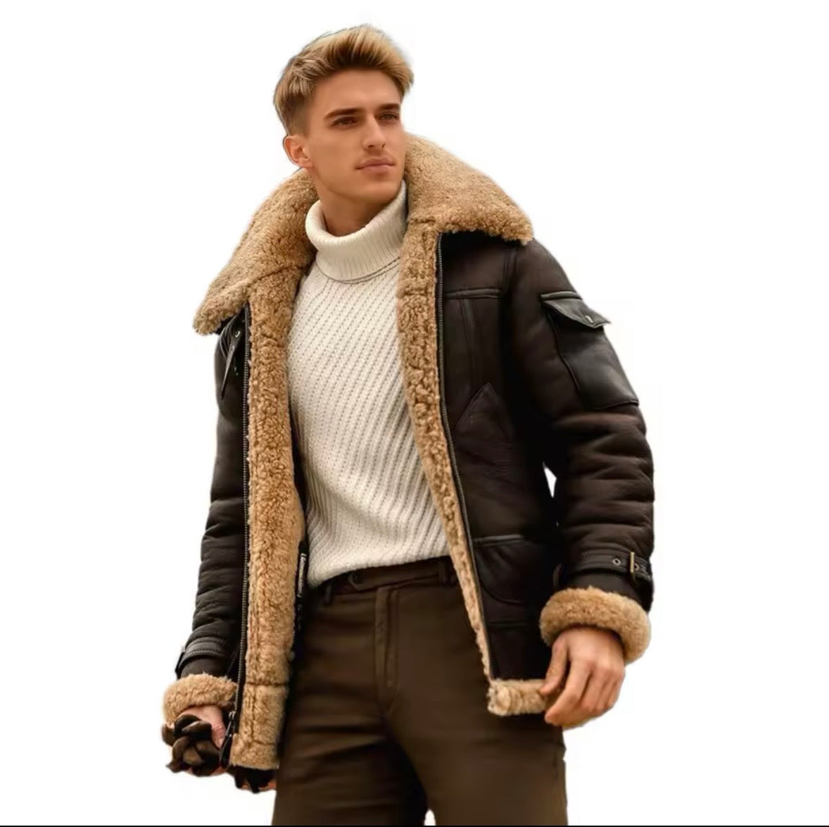 Men's Pilot Jacket Men Fleece Coats Plus Size Winter Faux Fur Lapel Collar Leather Bomber Jacket Warm