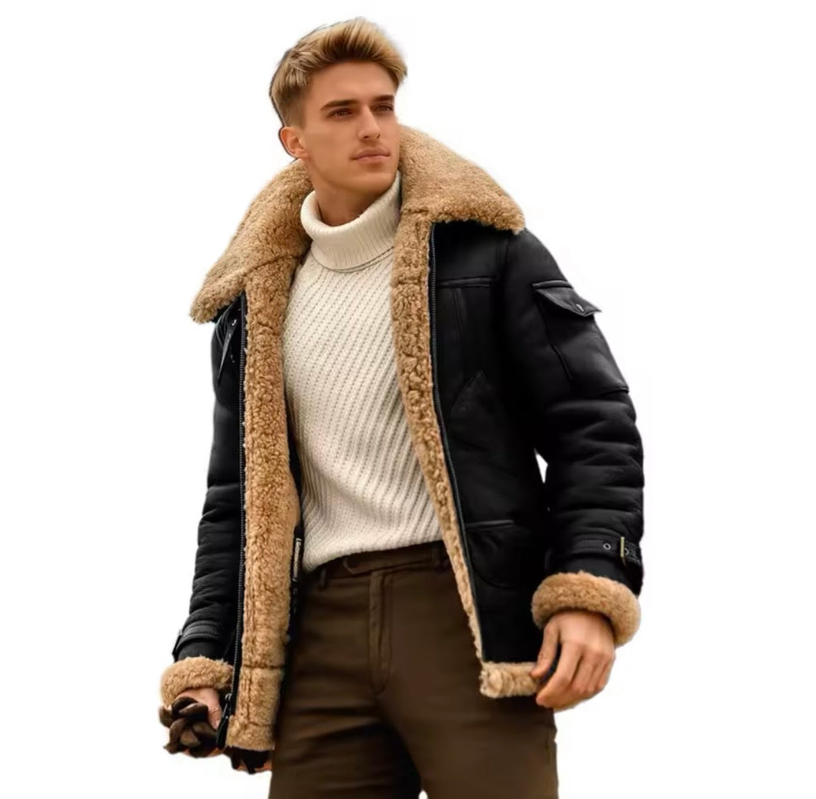 Men's Pilot Jacket Men Fleece Coats Plus Size Winter Faux Fur Lapel Collar Leather Bomber Jacket Warm
