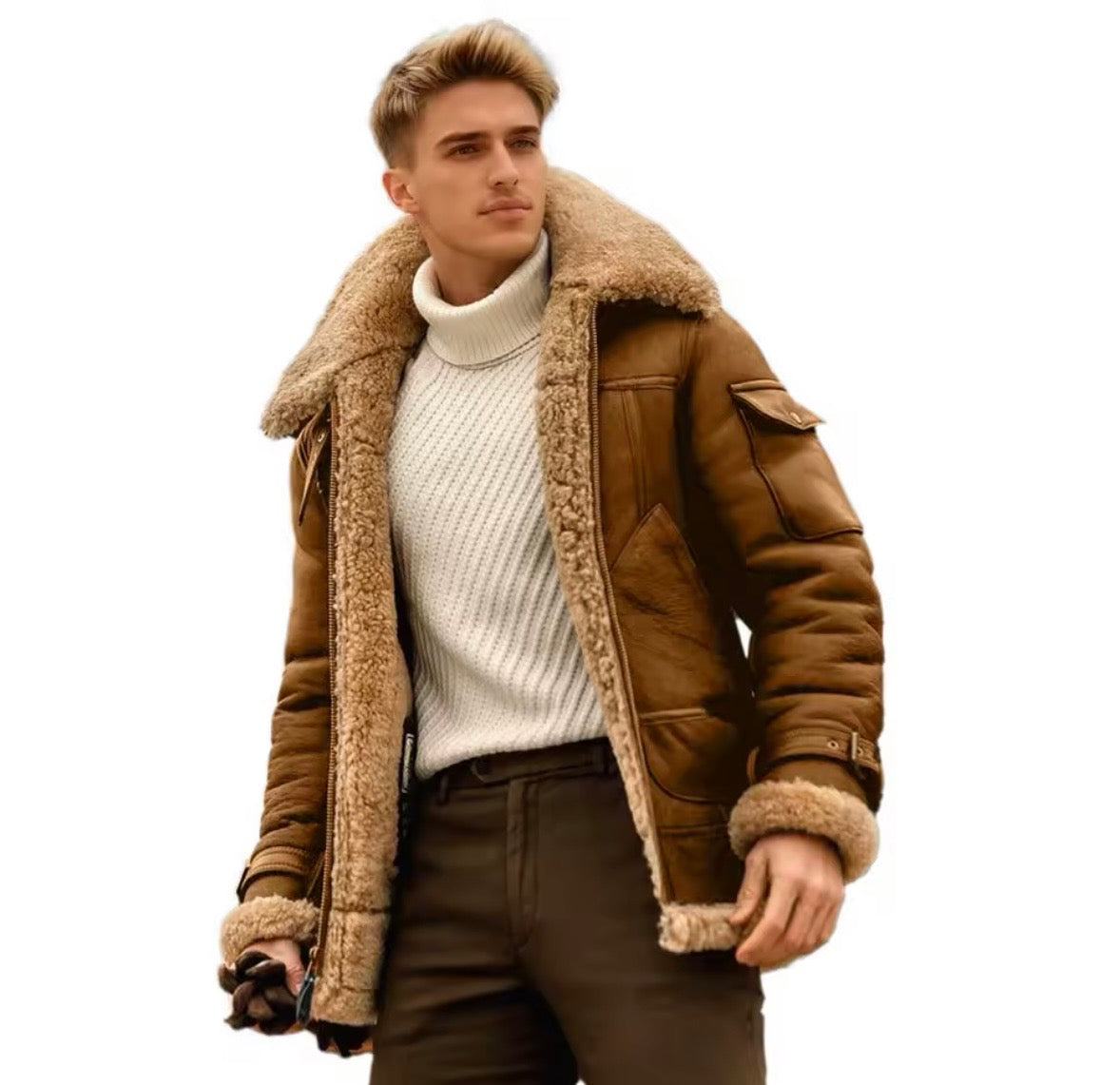 Men's Pilot Jacket Men Fleece Coats Plus Size Winter Faux Fur Lapel Collar Leather Bomber Jacket Warm