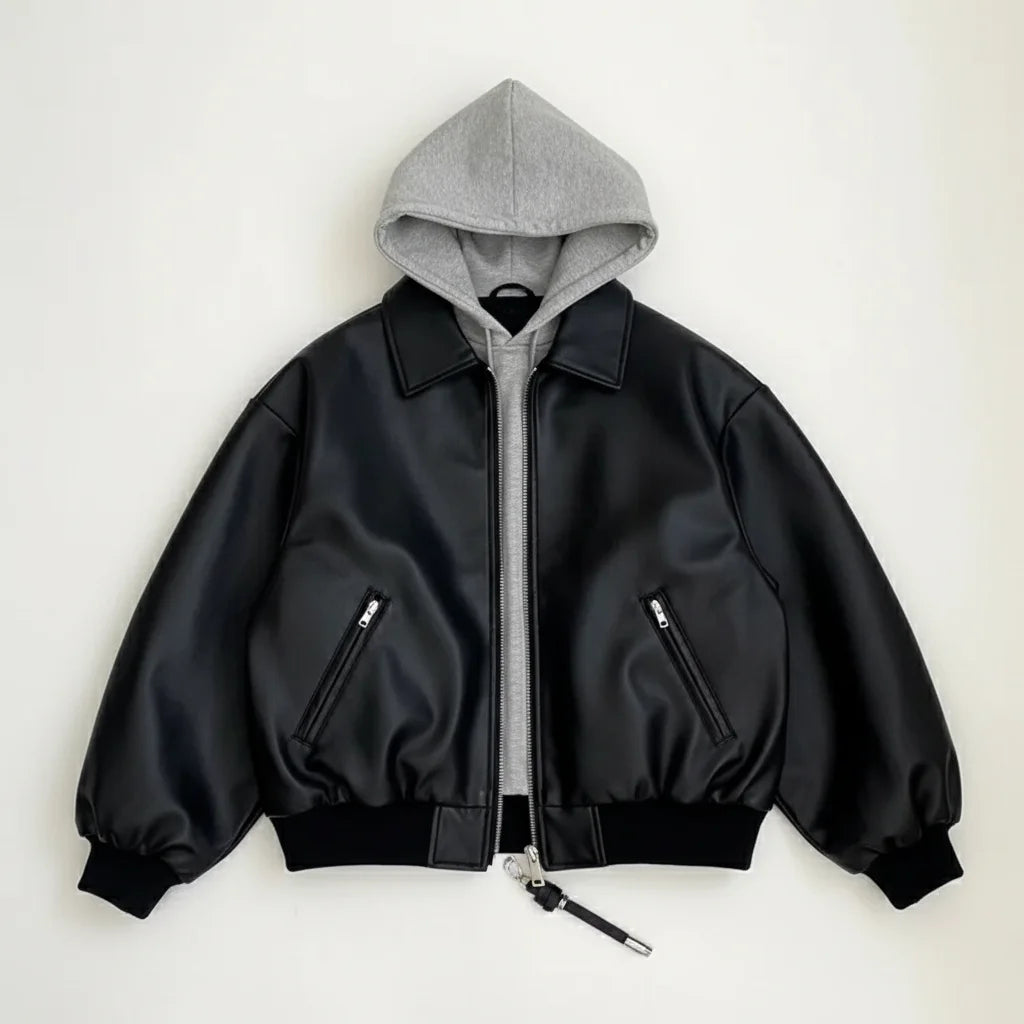Korean High-end Black PU Leather Jacket Women Fashion Hooded