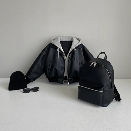 Korean High-end Black PU Leather Jacket Women Fashion Hooded