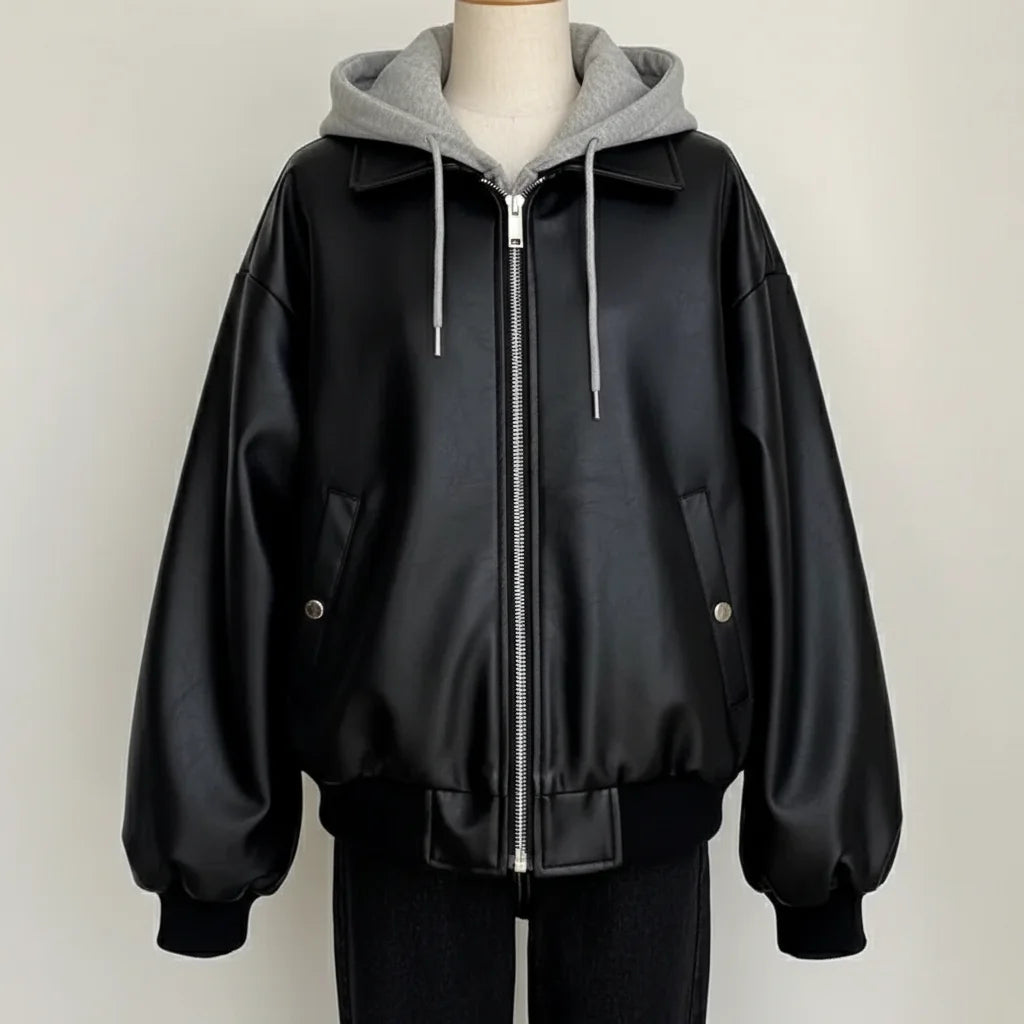Korean High-end Black PU Leather Jacket Women Fashion Hooded