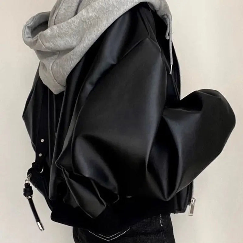 Korean High-end Black PU Leather Jacket Women Fashion Hooded