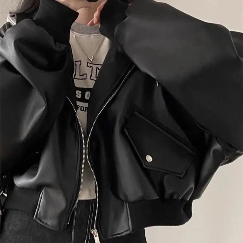 Korean High-end Black PU Leather Jacket Women Fashion Hooded